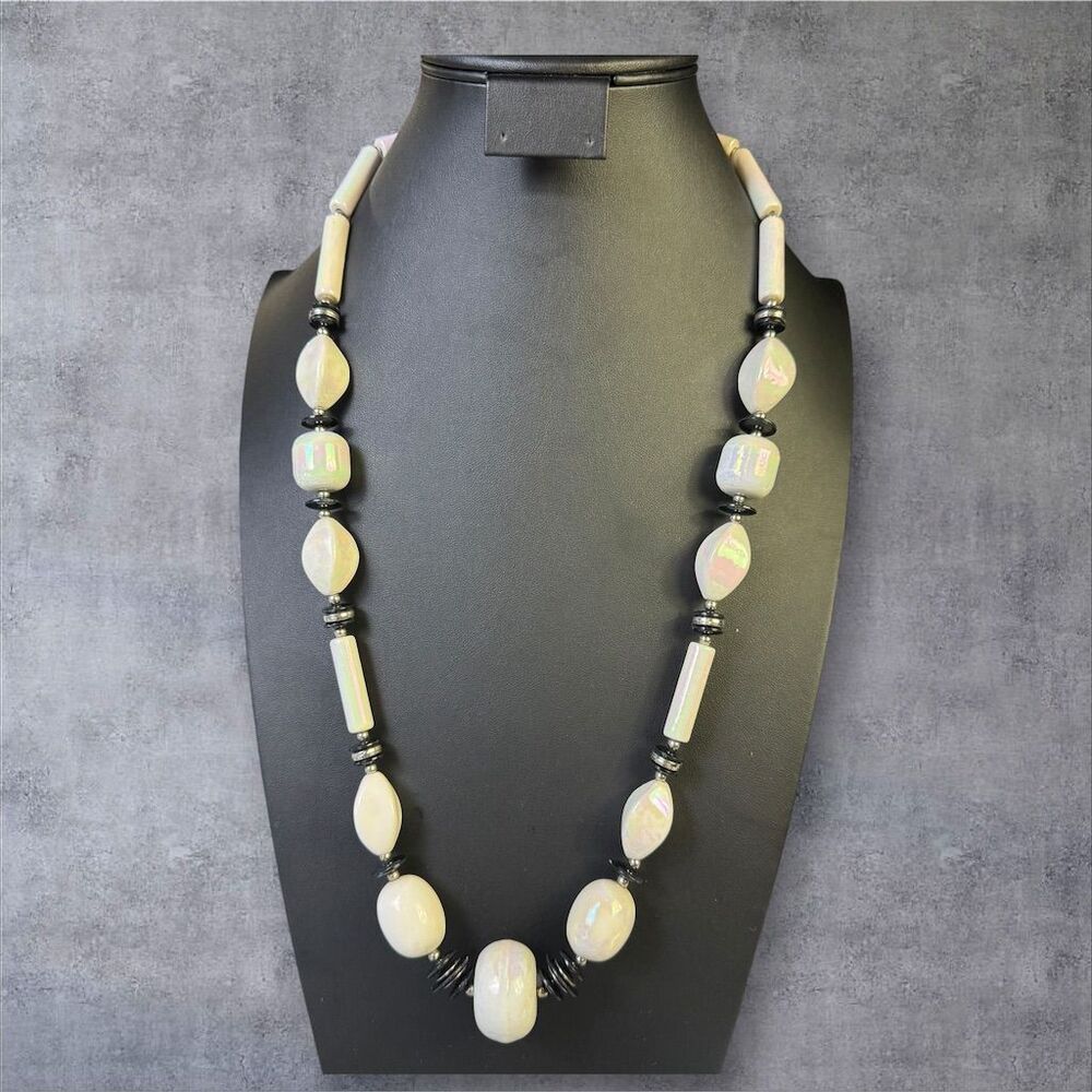 307. Vintage Ceramic Beaded Necklace‎ White Aurora Accent 30" Signed